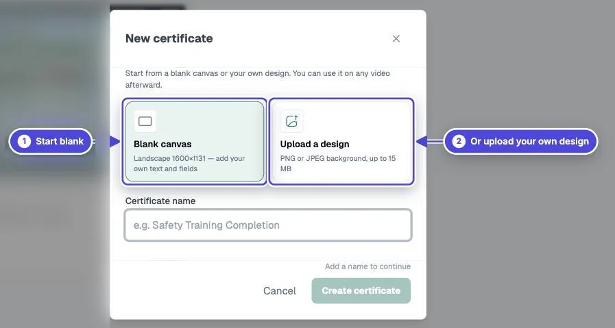 Mindstamp New certificate dialog with the Blank canvas and Upload a design options and the Certificate name field