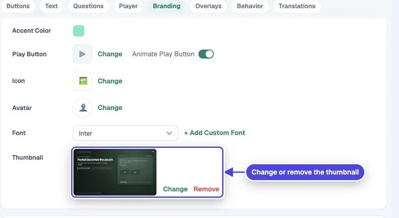 Mindstamp Design page, Branding section, with the Thumbnail image and the Change and Remove links