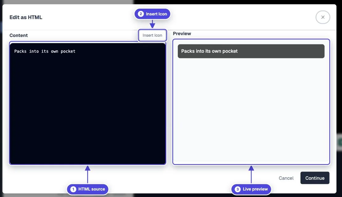 Edit as HTML dialog in Mindstamp with the HTML source on the left, the Insert Icon button and the live preview on the right