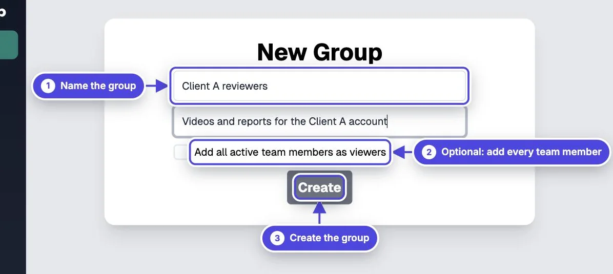 New Group form in Mindstamp with the Name field, the option to add all active team members as viewers, and the Create button highlighted