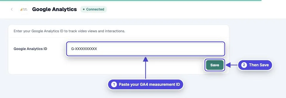 Mindstamp Integrations, Google Analytics page with a sample G- measurement ID in the Google Analytics ID field and the Save button