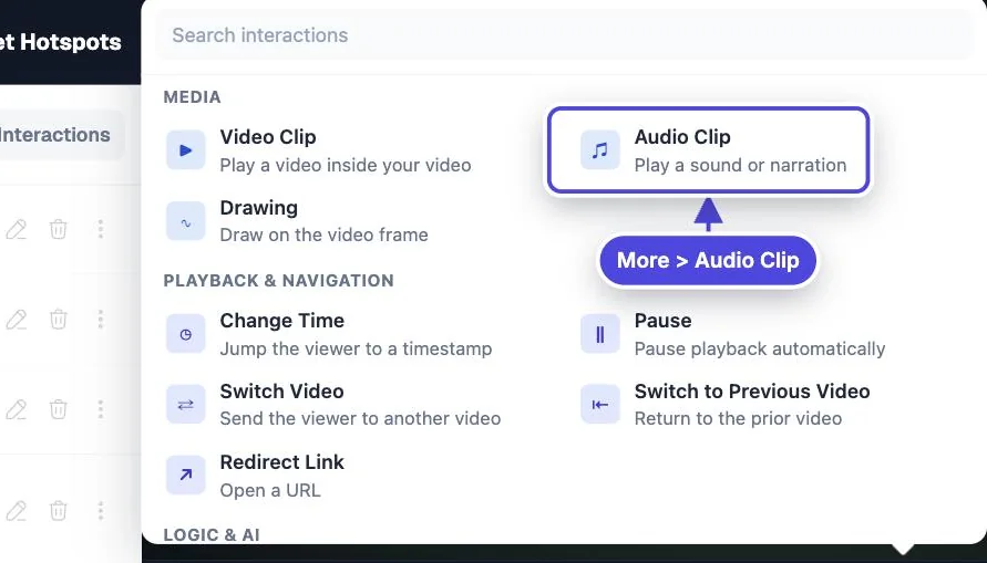 More menu in the Mindstamp editor with Audio Clip highlighted in the Media group