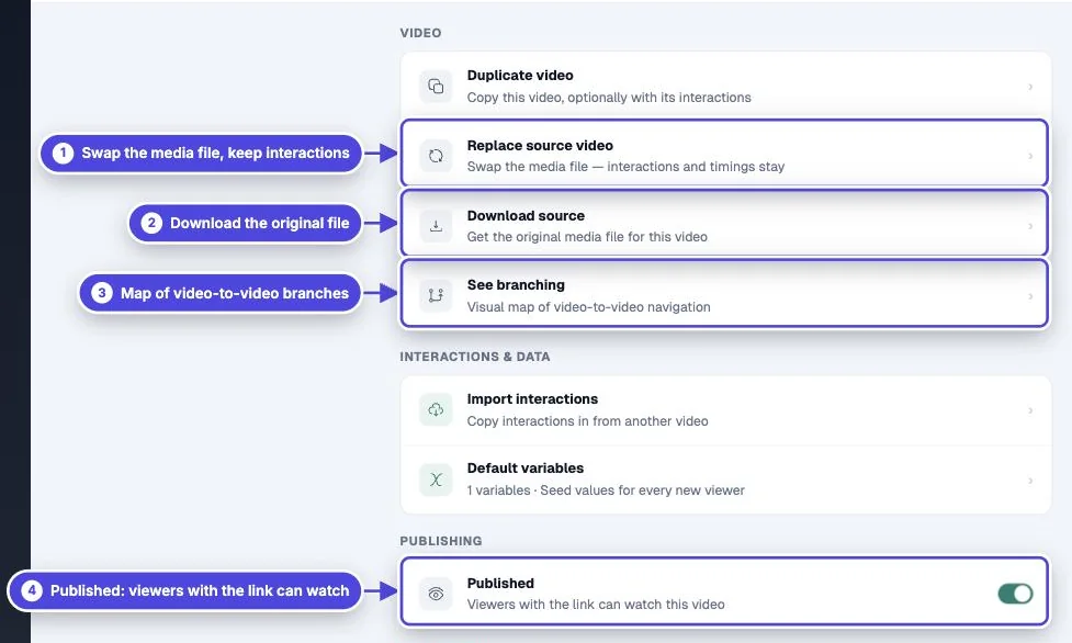 More page of a Mindstamp video with Replace source video, Download source, See branching and the Published switch highlighted