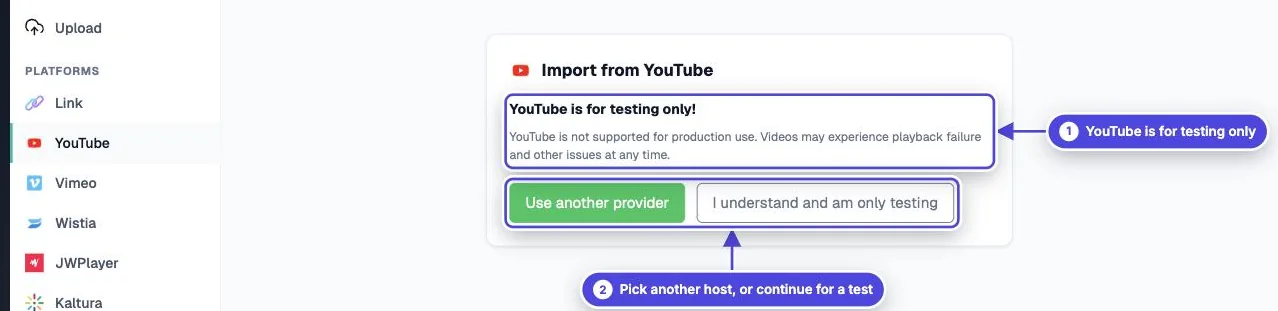 New video page in Mindstamp with YouTube selected, showing the YouTube is for testing only notice and the Use another provider and I understand and am only testing buttons