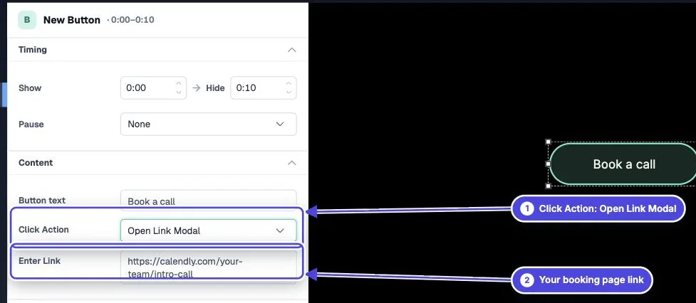 Mindstamp button editor with Click Action set to Open Link Modal and a booking page link entered, and a Book a call button on the video