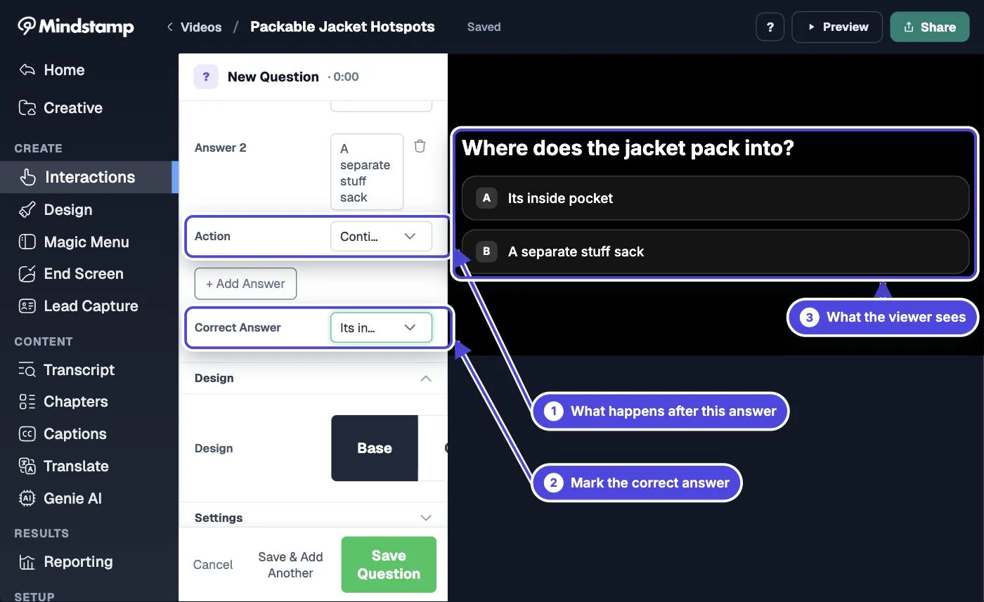 Multiple Choice question in the Mindstamp editor with an answer Action, the Correct Answer set, and the question preview on the video