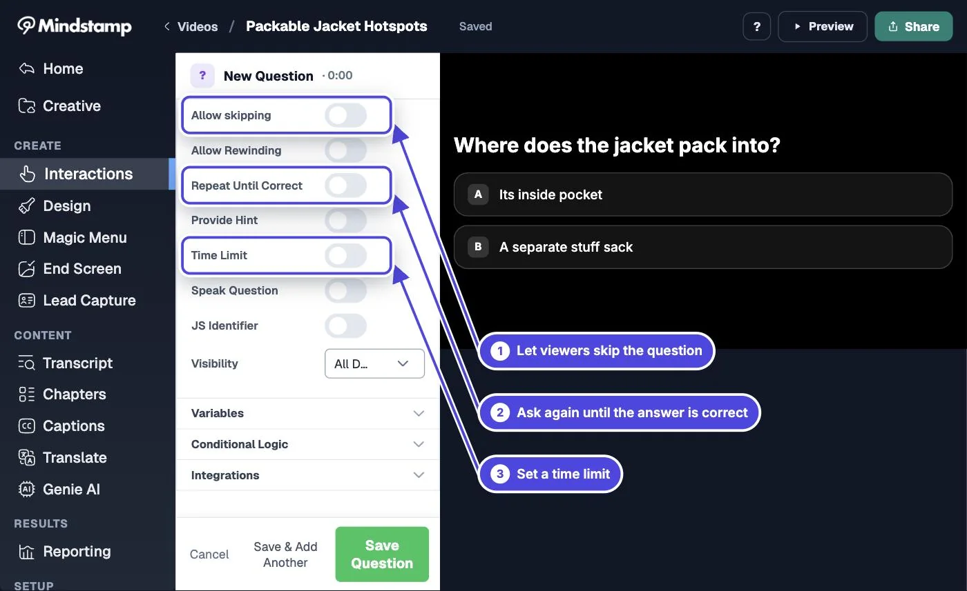 Settings section of a Mindstamp question with Allow skipping, Repeat Until Correct and Time Limit highlighted