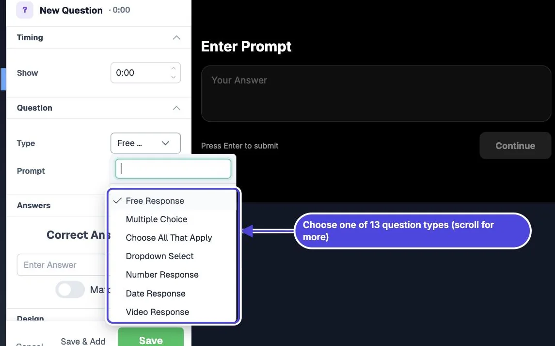 Question editor in Mindstamp with the Type list open, showing Free Response, Multiple Choice, Choose All That Apply, Dropdown Select, Number Response, Date Response and Video Response
