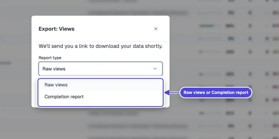Mindstamp Export Views dialog with the Report type menu open, showing Raw views and Completion report