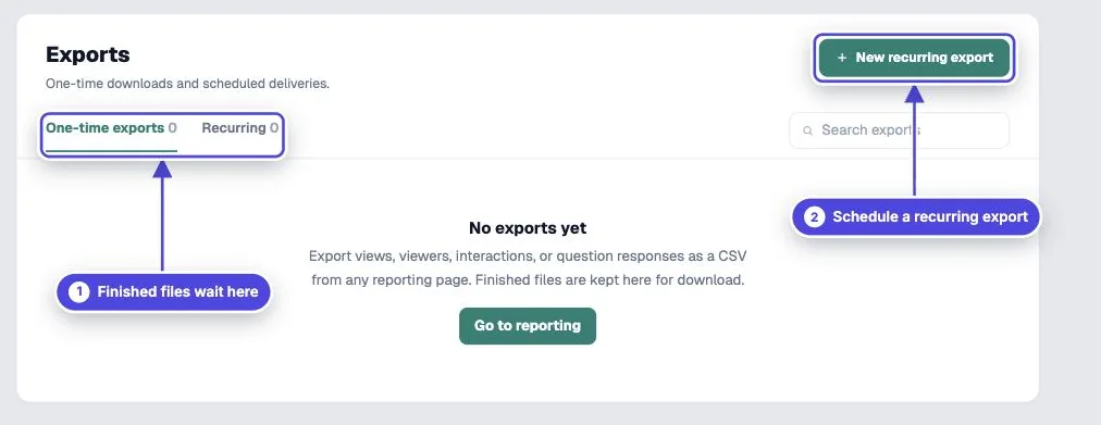 Mindstamp Reporting Exports page with the One-time exports and Recurring tabs and the New recurring export button