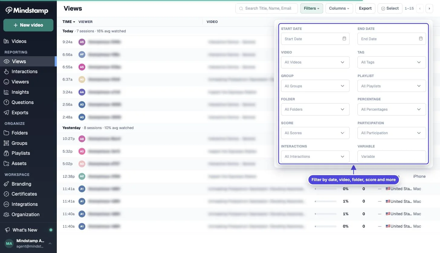 Mindstamp Reporting Views page with the Filters panel open, showing date, video, tag, group, playlist, folder, percentage, score, participation, interaction and variable filters
