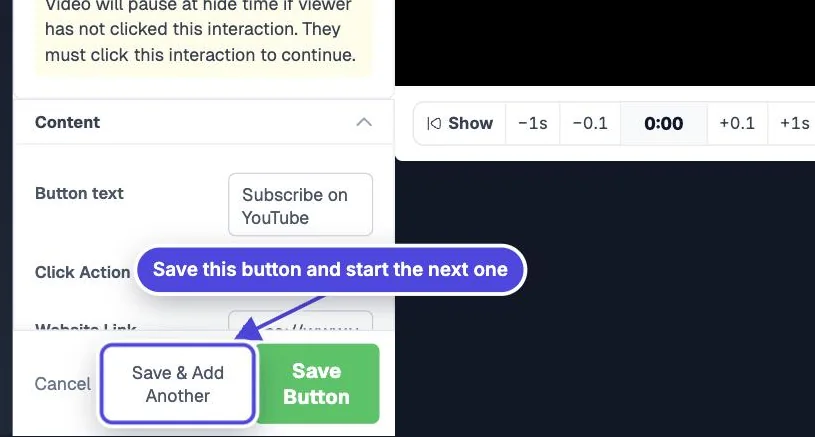 Save bar of the Mindstamp button editor with Save & Add Another highlighted next to Save Button