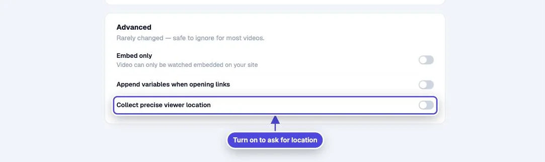 Mindstamp video Settings, Advanced section, with the Collect precise viewer location switch