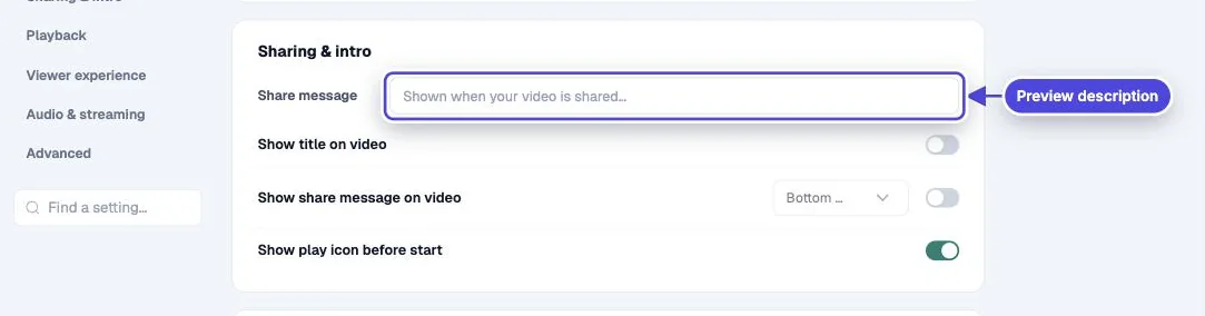 Mindstamp video Settings, Sharing and intro section, with the Share message field