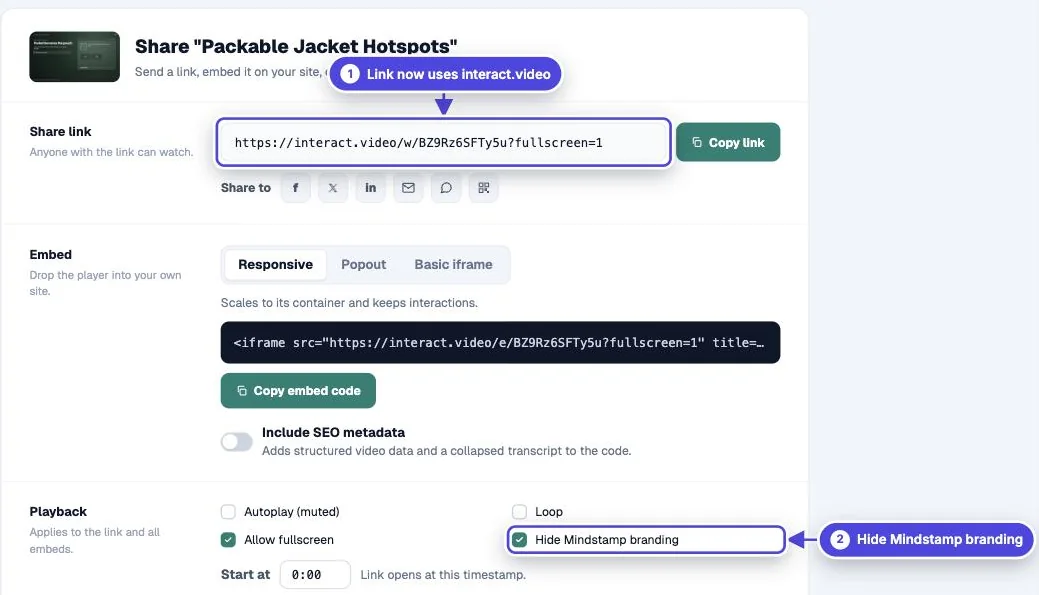 Mindstamp Share page with Hide Mindstamp branding selected and the share link changed to an interact.video address