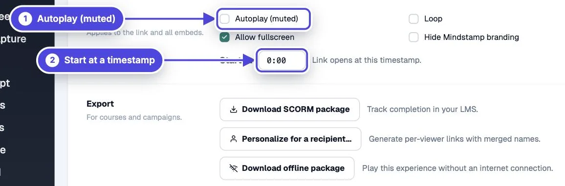 Playback section of the Mindstamp Share page with Autoplay (muted) and the Start at timestamp field highlighted
