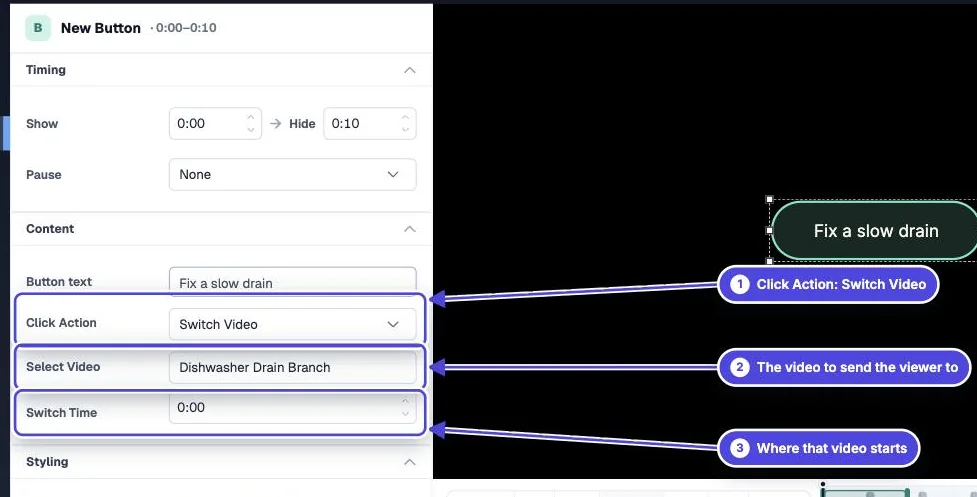 Mindstamp button editor with Click Action set to Switch Video, Dishwasher Drain Branch chosen as the video, and the Switch Time field highlighted
