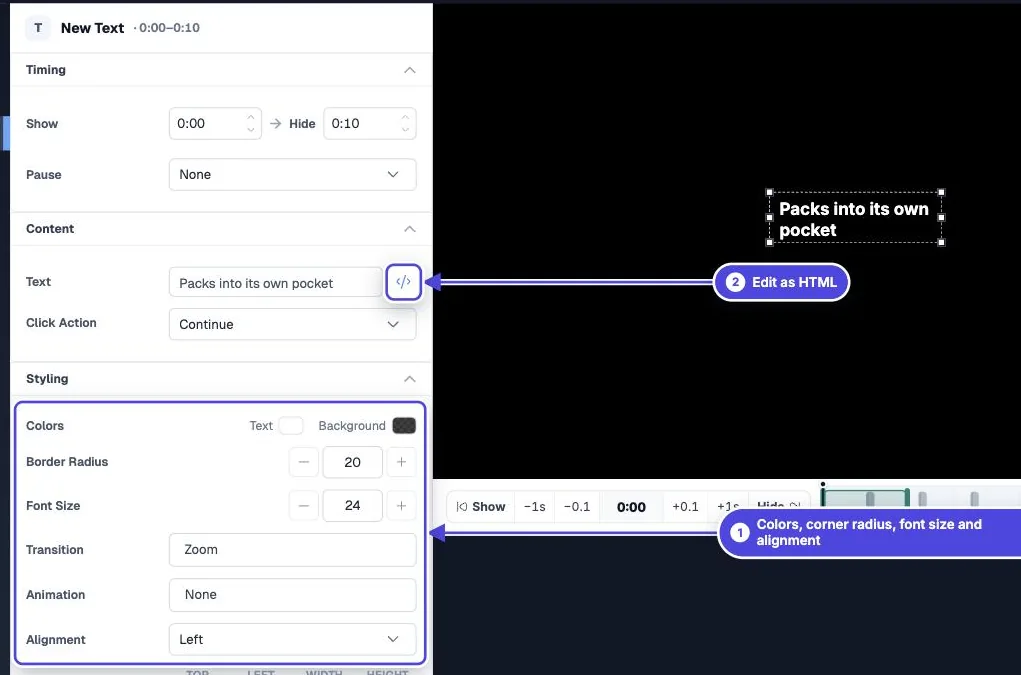 New Text interaction in Mindstamp with the Edit as HTML button and the Styling section (Colors, Border Radius, Font Size, Transition, Animation, Alignment) highlighted