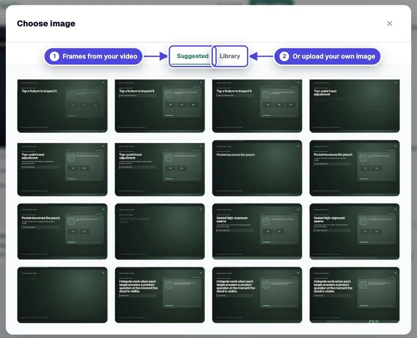 Mindstamp Choose image dialog on the Suggested tab with frames from the video and a Library tab for uploads