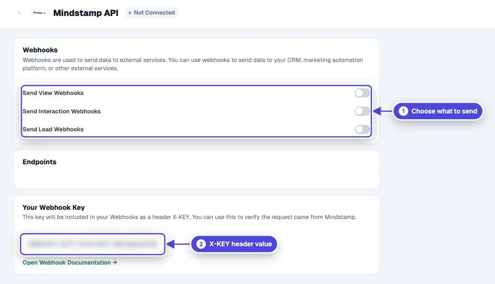 Mindstamp video Integrations, Mindstamp API page with the Send View, Send Interaction and Send Lead Webhooks switches and the webhook key (blurred)