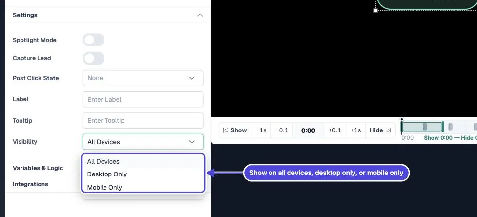Settings section of a Mindstamp button with the Visibility list open, showing All Devices, Desktop Only and Mobile Only