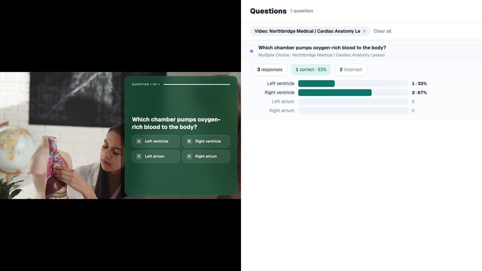 Interactive cardiac anatomy question beside the matching learner response report