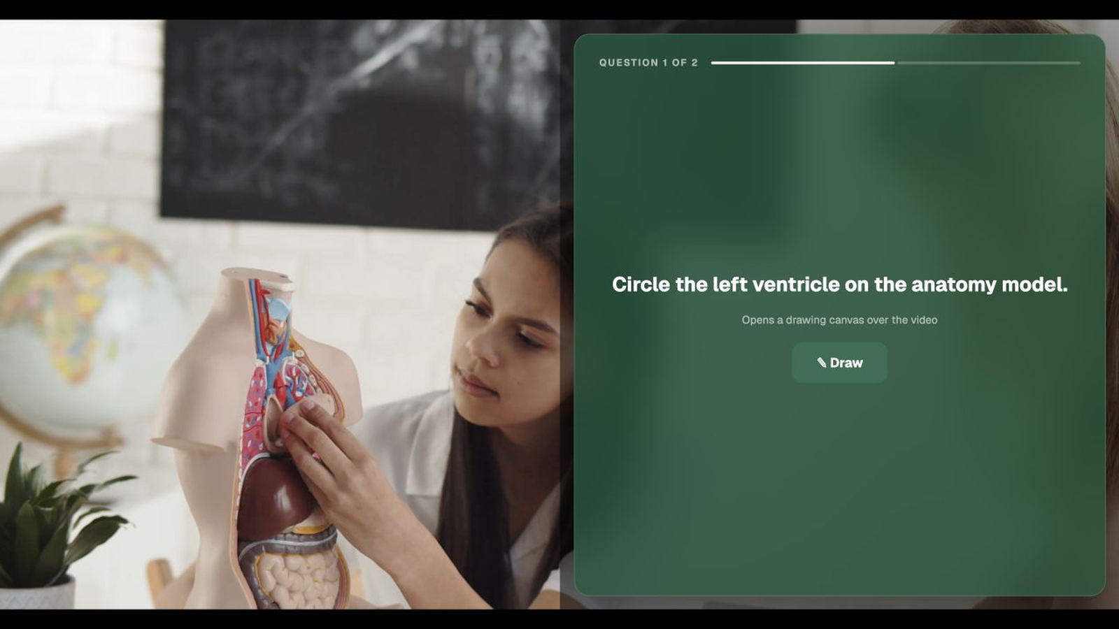 Interactive anatomy lesson asking a student to draw around the left ventricle