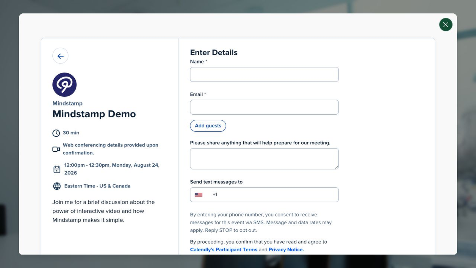Mindstamp in-player calendar showing a selected meeting time at the attendee details step