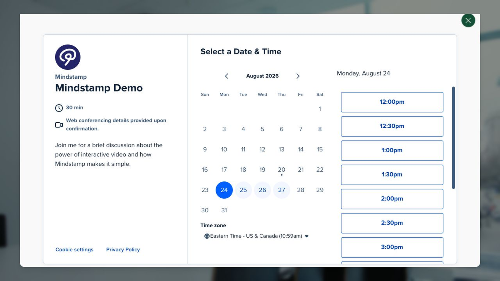 Calendly scheduler inside a Mindstamp video with a selected date and available meeting times