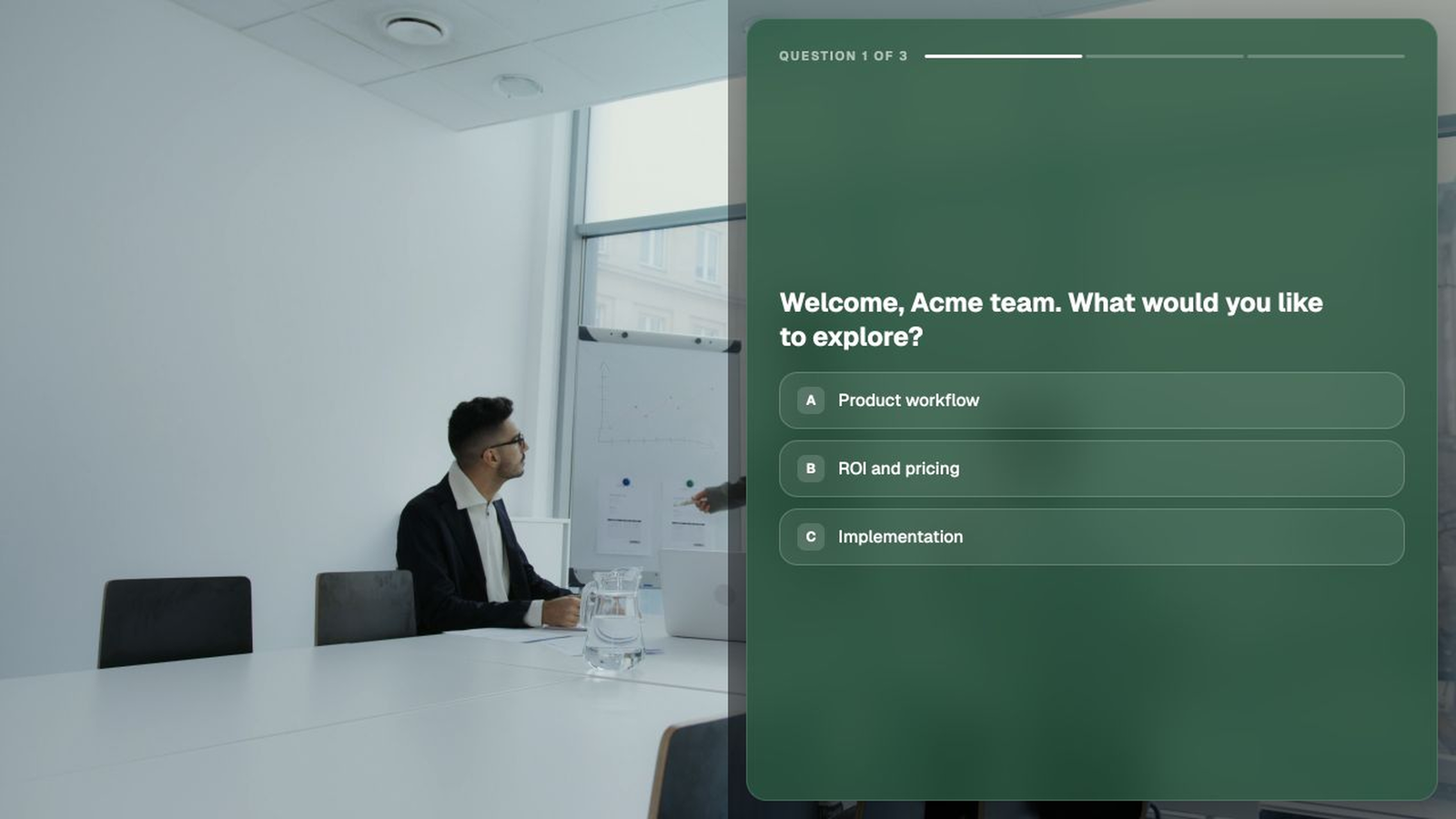 Personalized Mindstamp sales video asking the Acme team to choose a product, pricing, or implementation path