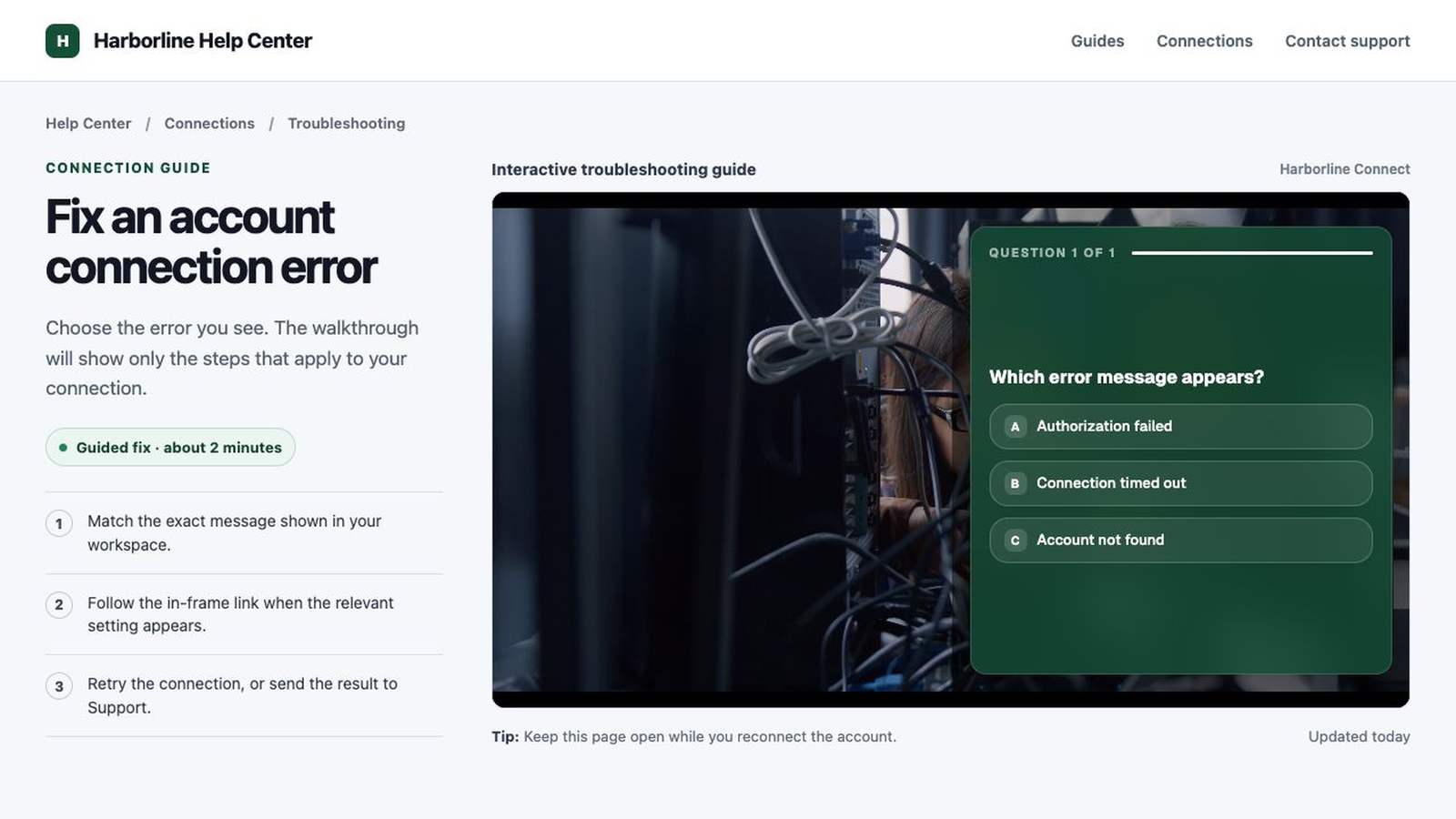 Help centre article with an embedded interactive video asking which connection error appears