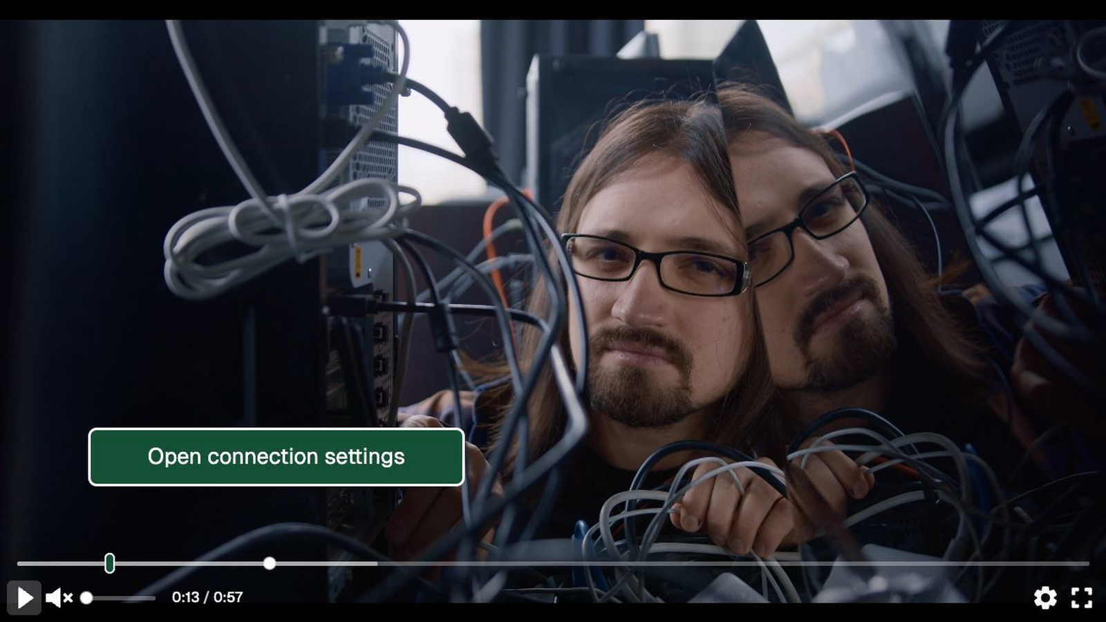 Troubleshooting walkthrough with an in-video button that opens connection settings