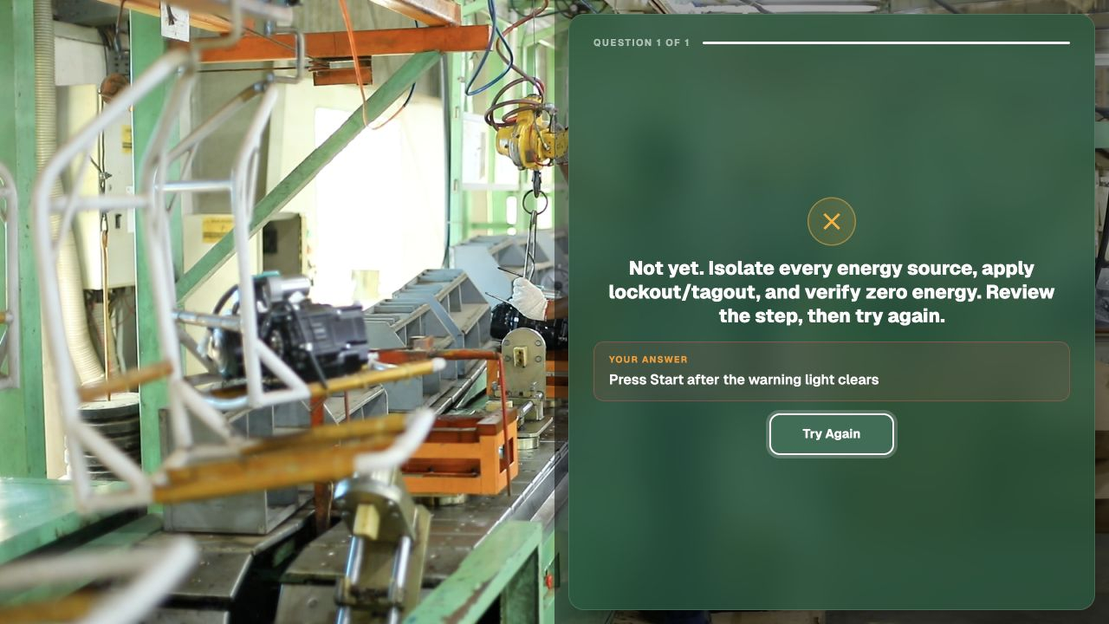 Answer-specific feedback for an incorrect restart answer with Review and Try Again actions inside a Mindstamp safety training video